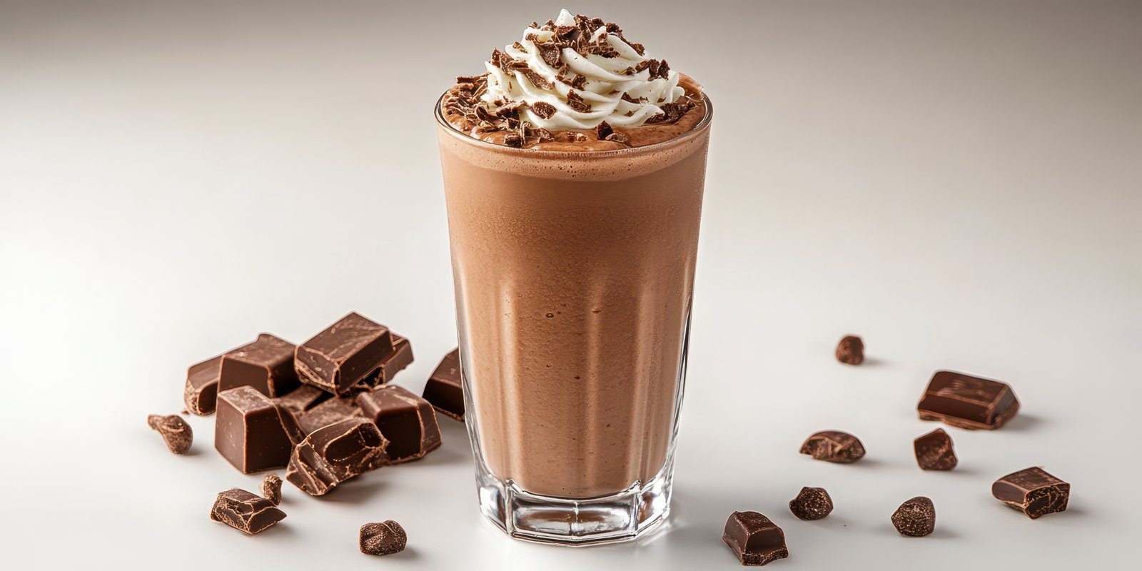 Delicious chocolate milkshake topped with whipped cream and chocolate shavings served with chocolate squares
